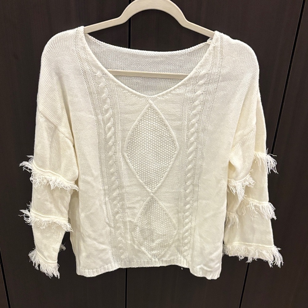Cream Knit Sweater with Fringe Details